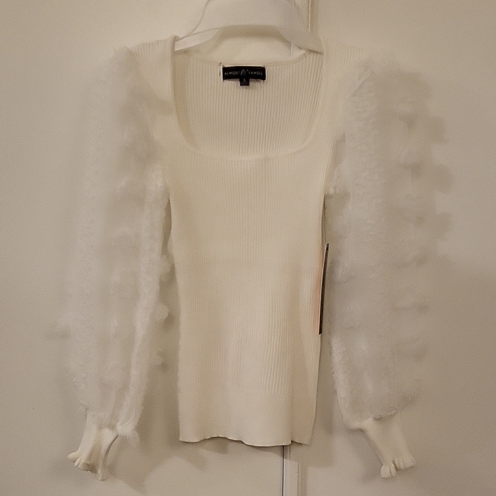 NWT Almost Famous Ivory Ribbed Top with Sheer Sleeves